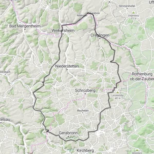 Map miniature of "Langenburg - A Scenic Road Cycling Adventure" cycling inspiration in Stuttgart, Germany. Generated by Tarmacs.app cycling route planner