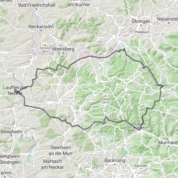 Karten-Miniaturansicht der Radinspiration "Hügeliges Rennradabenteuer um Wunnenstein" in Stuttgart, Germany. Erstellt vom Tarmacs.app-Routenplaner für Radtouren