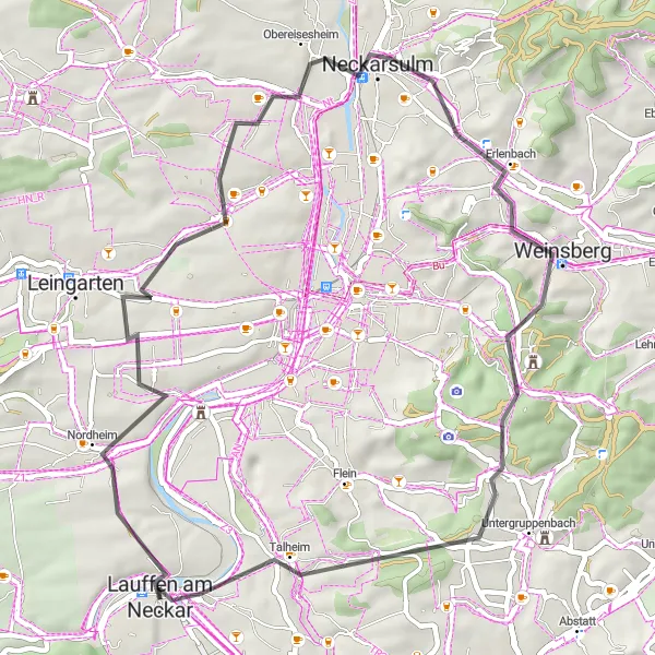 Karten-Miniaturansicht der Radinspiration "Fahrt von Lauffen am Neckar nach Weinsberg und zurück" in Stuttgart, Germany. Erstellt vom Tarmacs.app-Routenplaner für Radtouren