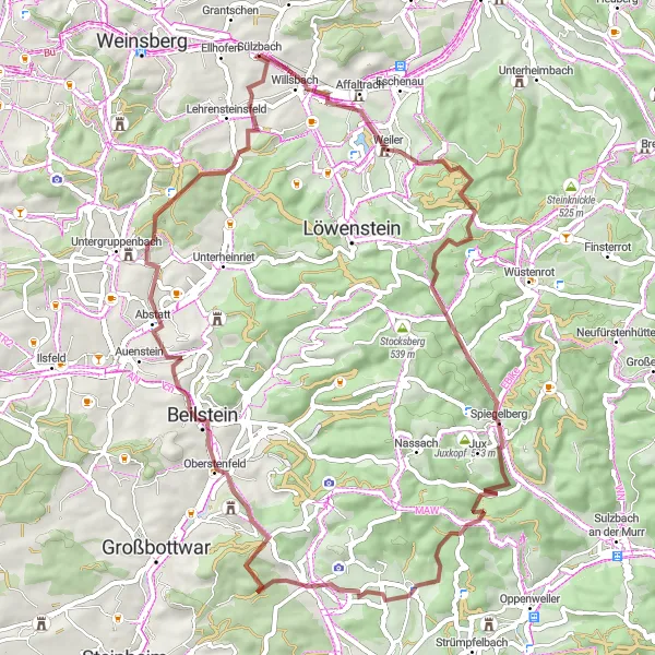 Map miniature of "The Weiler Castle Gravel Adventure" cycling inspiration in Stuttgart, Germany. Generated by Tarmacs.app cycling route planner