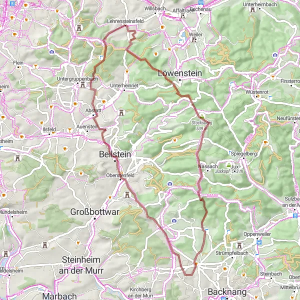 Map miniature of "Lehrensteinsfeld Gravel Adventure" cycling inspiration in Stuttgart, Germany. Generated by Tarmacs.app cycling route planner