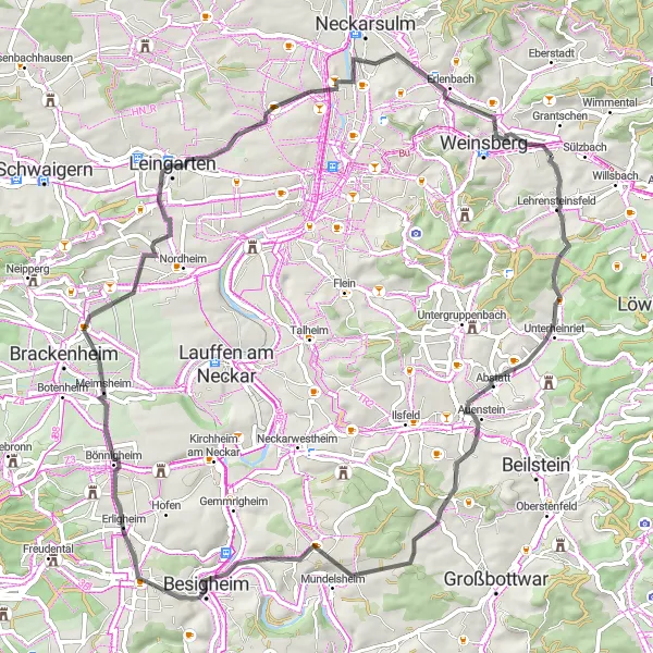 Map miniature of "The Scenic Road Race" cycling inspiration in Stuttgart, Germany. Generated by Tarmacs.app cycling route planner