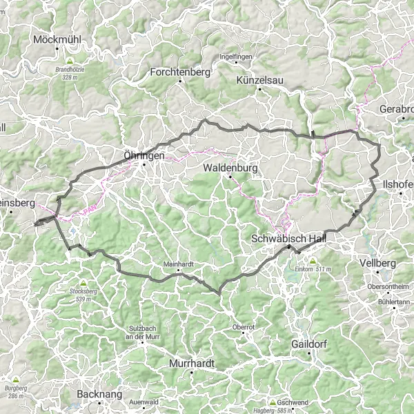 Karten-Miniaturansicht der Radinspiration "Hohenloher Hügelland Rundweg" in Stuttgart, Germany. Erstellt vom Tarmacs.app-Routenplaner für Radtouren