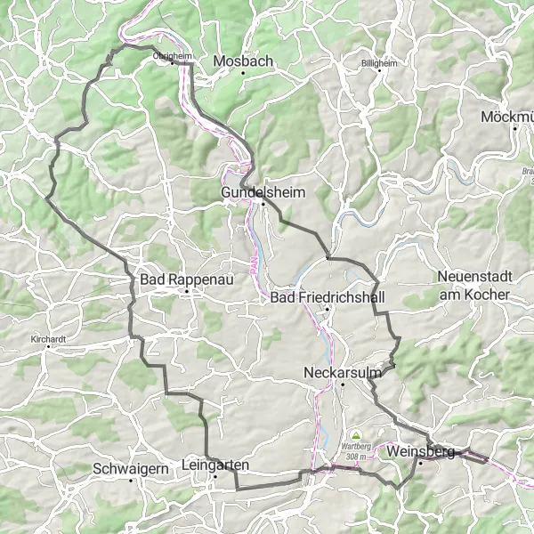 Map miniature of "The Road to Ellhofen Adventure" cycling inspiration in Stuttgart, Germany. Generated by Tarmacs.app cycling route planner