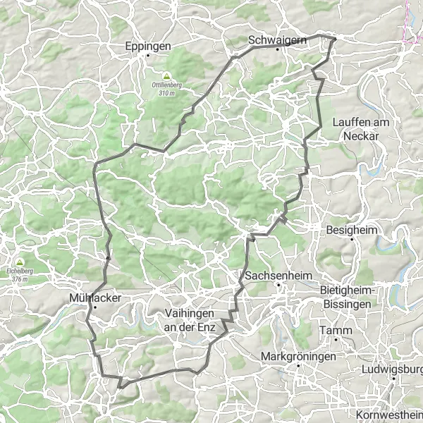 Karten-Miniaturansicht der Radinspiration "Hügeliges Umlandtour" in Stuttgart, Germany. Erstellt vom Tarmacs.app-Routenplaner für Radtouren