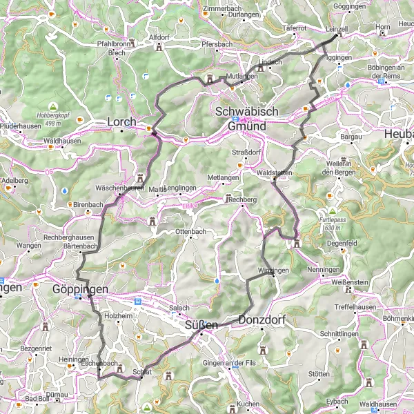 Map miniature of "Scenic Ride to Mutlangen" cycling inspiration in Stuttgart, Germany. Generated by Tarmacs.app cycling route planner