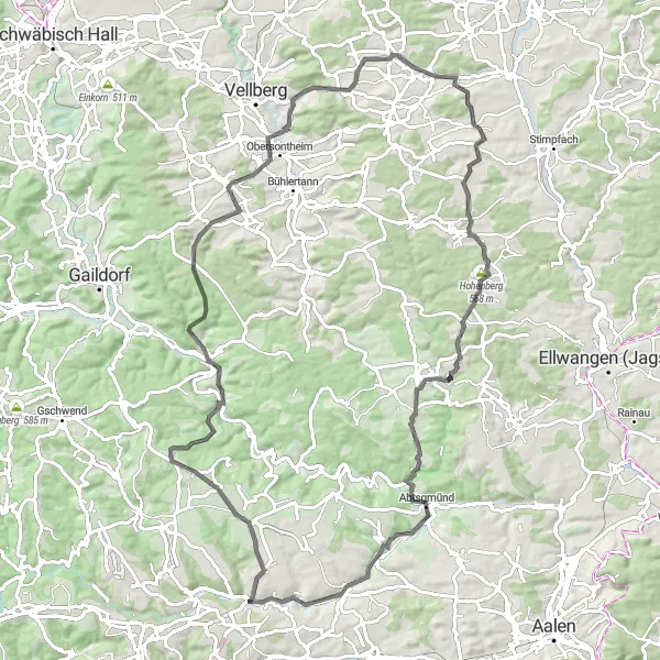 Map miniature of "Schloss Leinzell and Schloss Honhardt" cycling inspiration in Stuttgart, Germany. Generated by Tarmacs.app cycling route planner