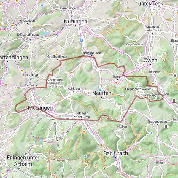 Map miniature of "The Gravel Escape" cycling inspiration in Stuttgart, Germany. Generated by Tarmacs.app cycling route planner