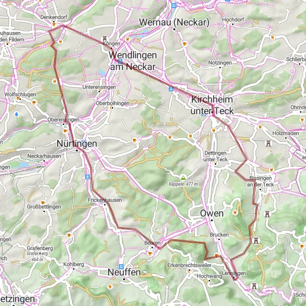 Map miniature of "Gravel and Views" cycling inspiration in Stuttgart, Germany. Generated by Tarmacs.app cycling route planner