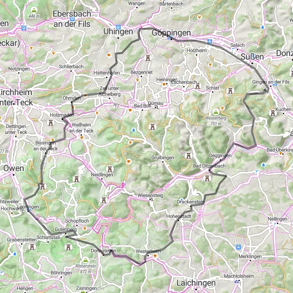 Map miniature of "The Adventurous Ride" cycling inspiration in Stuttgart, Germany. Generated by Tarmacs.app cycling route planner