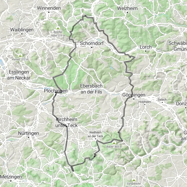 Map miniature of "The Hiking Tower Loop" cycling inspiration in Stuttgart, Germany. Generated by Tarmacs.app cycling route planner