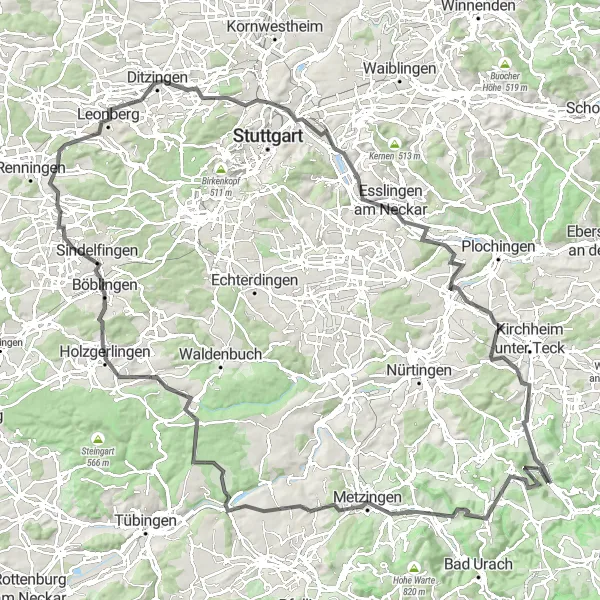 Karten-Miniaturansicht der Radinspiration "Erkenbrechtsweiler Rundtour" in Stuttgart, Germany. Erstellt vom Tarmacs.app-Routenplaner für Radtouren