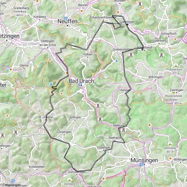 Map miniature of "Lenningen Round-Trip" cycling inspiration in Stuttgart, Germany. Generated by Tarmacs.app cycling route planner