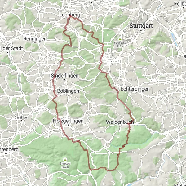 Map miniature of "Leonberg to Warmbronner Kopf Gravel Route" cycling inspiration in Stuttgart, Germany. Generated by Tarmacs.app cycling route planner