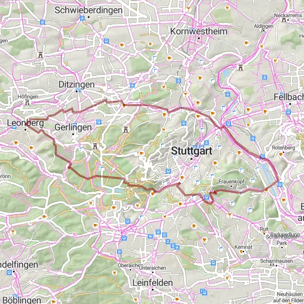 Map miniature of "Leonberg to Ramtel Gravel Route" cycling inspiration in Stuttgart, Germany. Generated by Tarmacs.app cycling route planner
