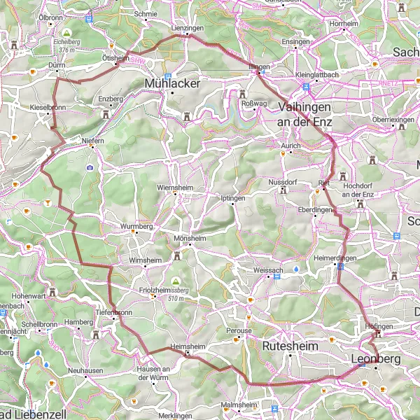 Map miniature of "Leonberg to Hoefingen Gravel Route" cycling inspiration in Stuttgart, Germany. Generated by Tarmacs.app cycling route planner