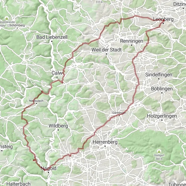 Map miniature of "Leonberg - Oberjettingen Loop" cycling inspiration in Stuttgart, Germany. Generated by Tarmacs.app cycling route planner