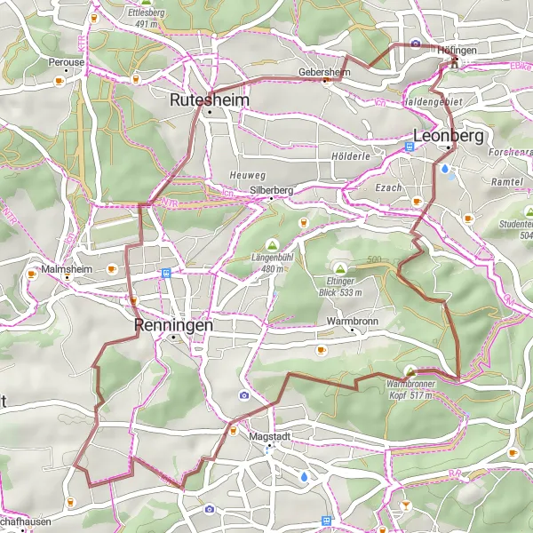 Map miniature of "Schloss Höfingen to Hoefingen Gravel Route" cycling inspiration in Stuttgart, Germany. Generated by Tarmacs.app cycling route planner