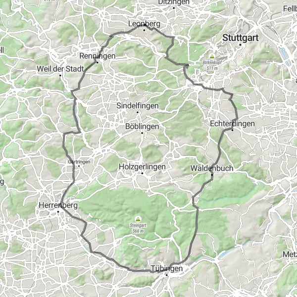 Map miniature of "Leonberg - Tübingen Loop" cycling inspiration in Stuttgart, Germany. Generated by Tarmacs.app cycling route planner