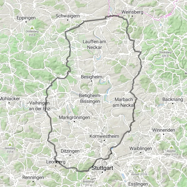 Karten-Miniaturansicht der Radinspiration "Hügelige Rundtour durch die Region mit Engelbergturm" in Stuttgart, Germany. Erstellt vom Tarmacs.app-Routenplaner für Radtouren
