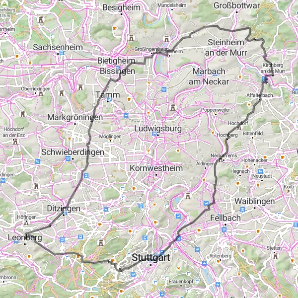 Karten-Miniaturansicht der Radinspiration "Straßenradroute Leonberg - Engelbergturm" in Stuttgart, Germany. Erstellt vom Tarmacs.app-Routenplaner für Radtouren