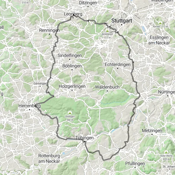 Map miniature of "Leonberg - Tübingen Loop" cycling inspiration in Stuttgart, Germany. Generated by Tarmacs.app cycling route planner