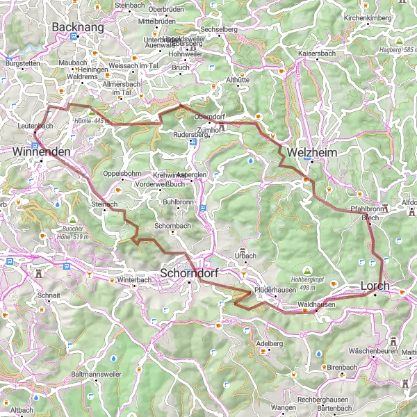 Map miniature of "Leutenbach - Jux - Strümpfelbachviadukt - Sternwarte Welzheim - Lorch - Schorndorf - Grafenberg - Hohenstein - Winnenden" cycling inspiration in Stuttgart, Germany. Generated by Tarmacs.app cycling route planner