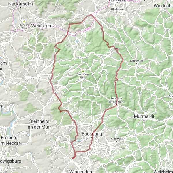 Map miniature of "Leutenbach - Burgstetten - Grießberg - Beilstein - Hagelsberg - Rappach - Steinknickleturm - Sulzbach an der Murr - Platte - Heidenhof" cycling inspiration in Stuttgart, Germany. Generated by Tarmacs.app cycling route planner