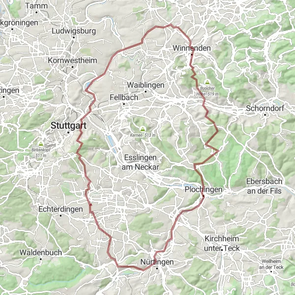 Map miniature of "Leutenbach - Winnenden - Haselstein - Schönbühl - Plochingen - Steinenberg - Nürtingen - Monopteros - Schloss Hohenheim - Uhlandshöhe - Bad Cannstatt - Landungsbrücke Fellbach - Bittenfeld" cycling inspiration in Stuttgart, Germany. Generated by Tarmacs.app cycling route planner