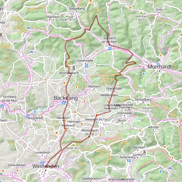 Map miniature of "Leutenbach - Backnang - Koppenberg - Sulzbach an der Murr - Altenberg - Allmersbach im Tal - Winnenden" cycling inspiration in Stuttgart, Germany. Generated by Tarmacs.app cycling route planner