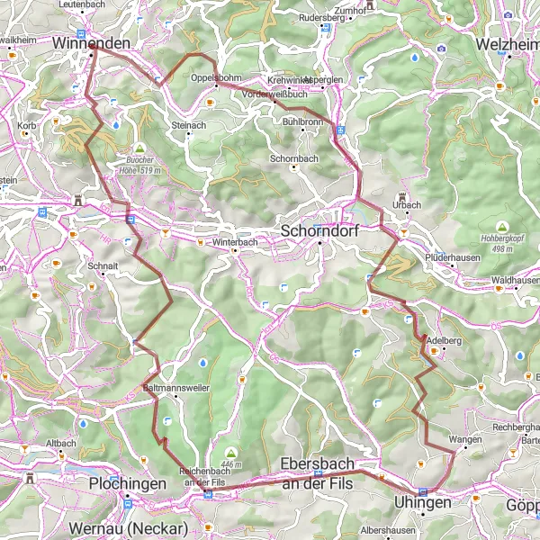 Map miniature of "Leutenbach - Diebsturm - Linsenberg - Uhingen - Manolzweiler - Schönbühl - Haselstein - Winnenden" cycling inspiration in Stuttgart, Germany. Generated by Tarmacs.app cycling route planner