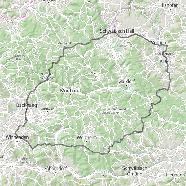 Map miniature of "Leutenbach - Koppenberg - Oppenweiler - Mainhardt - Michelfeld - Henkersbrücke - Vellberg - Bastion - Bühlerzell - Ruppertshofen - Kapf - Krähenberg - Winnenden" cycling inspiration in Stuttgart, Germany. Generated by Tarmacs.app cycling route planner