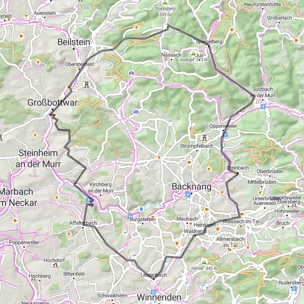 Map miniature of "Leutenbach - Affalterbach - Benning - Großbottwar - Juxkopf - Spiegelberg - Weissach im Tal - Rotenbühl - Freizeitanlage Dalmenhölzle" cycling inspiration in Stuttgart, Germany. Generated by Tarmacs.app cycling route planner