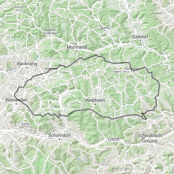 Map miniature of "Leutenbach - Auenwald - Ebersberg - Gschwend - Hohe Tannen - Durlangen - Pfahlbronn - Krähenberg - Hohenstein - Winnenden" cycling inspiration in Stuttgart, Germany. Generated by Tarmacs.app cycling route planner