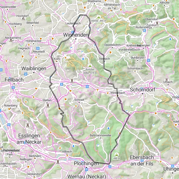 Map miniature of "Leutenbach - Hertmannsweiler - Winterbach - Reichenbach an der Fils - Jubiläumsturm - Korb - Berghäusle - Freizeitanlage Dalmenhölzle" cycling inspiration in Stuttgart, Germany. Generated by Tarmacs.app cycling route planner