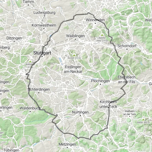 Karten-Miniaturansicht der Radinspiration "Rundfahrt von Leutenbach nach Stuttgart und zurück" in Stuttgart, Germany. Erstellt vom Tarmacs.app-Routenplaner für Radtouren