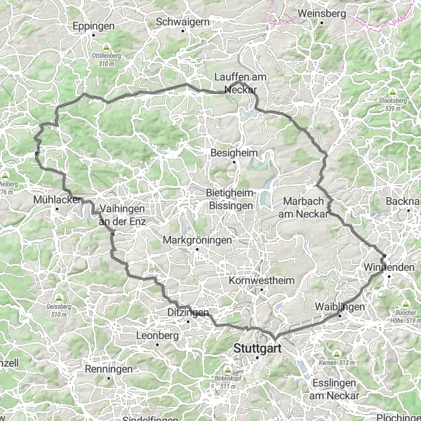 Map miniature of "The scenic loop through Bad Cannstatt" cycling inspiration in Stuttgart, Germany. Generated by Tarmacs.app cycling route planner