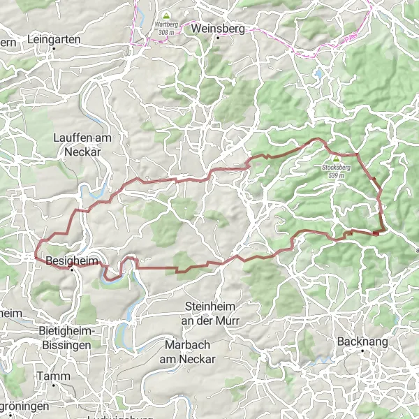 Karten-Miniaturansicht der Radinspiration "Gravel-Abenteuer durch Neckarwestheim und Besigheim" in Stuttgart, Germany. Erstellt vom Tarmacs.app-Routenplaner für Radtouren