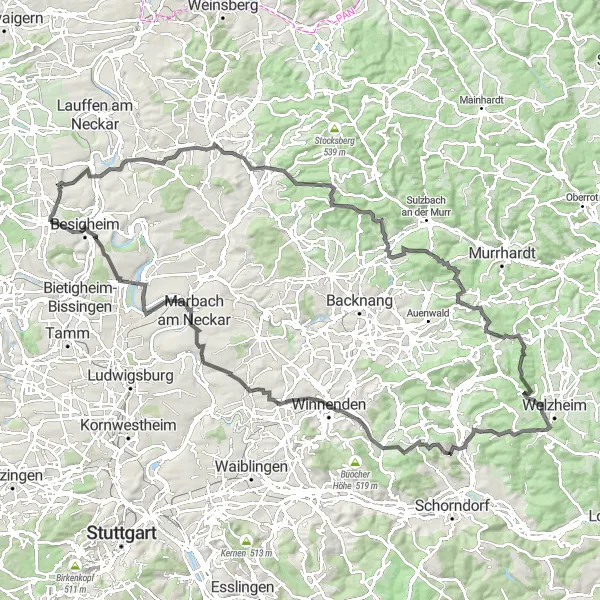 Karten-Miniaturansicht der Radinspiration "Panorama-Tour über 121 km" in Stuttgart, Germany. Erstellt vom Tarmacs.app-Routenplaner für Radtouren