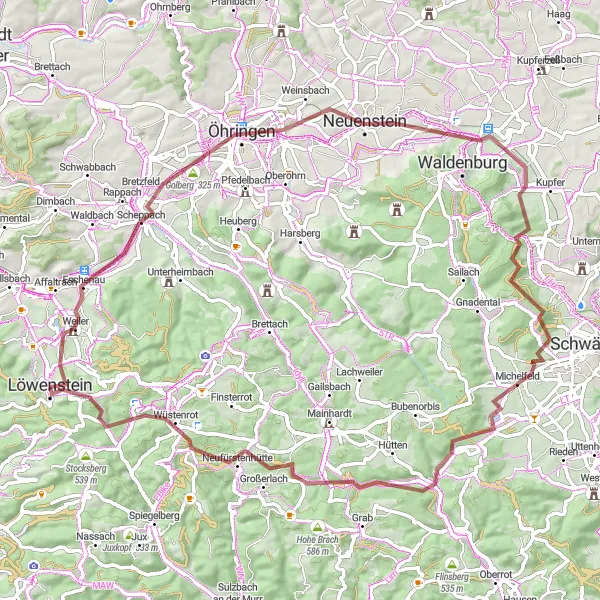 Map miniature of "Hidden Gems of Löwenstein" cycling inspiration in Stuttgart, Germany. Generated by Tarmacs.app cycling route planner