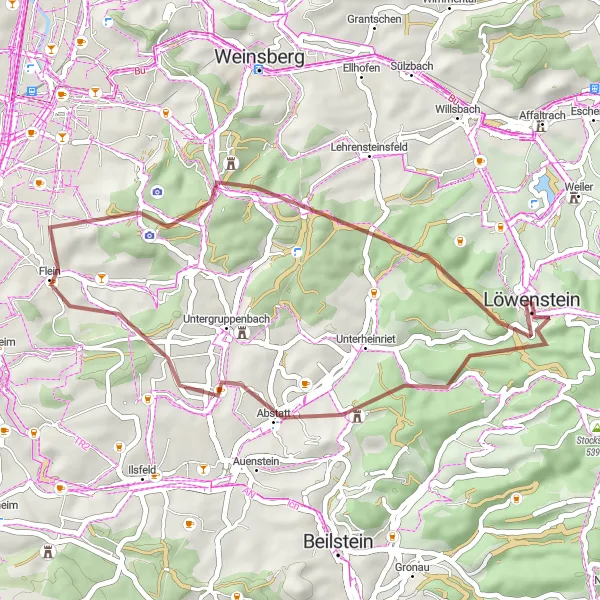 Karten-Miniaturansicht der Radinspiration "Gravel-Abenteuer rund um Löwenstein" in Stuttgart, Germany. Erstellt vom Tarmacs.app-Routenplaner für Radtouren
