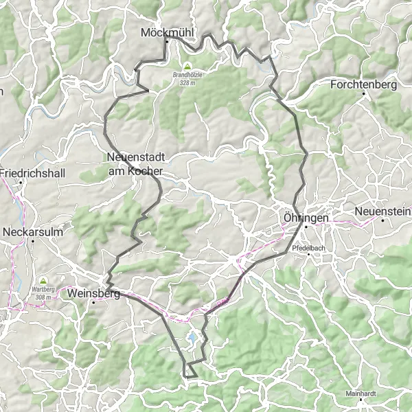 Map miniature of "Jagst Valley Loop" cycling inspiration in Stuttgart, Germany. Generated by Tarmacs.app cycling route planner