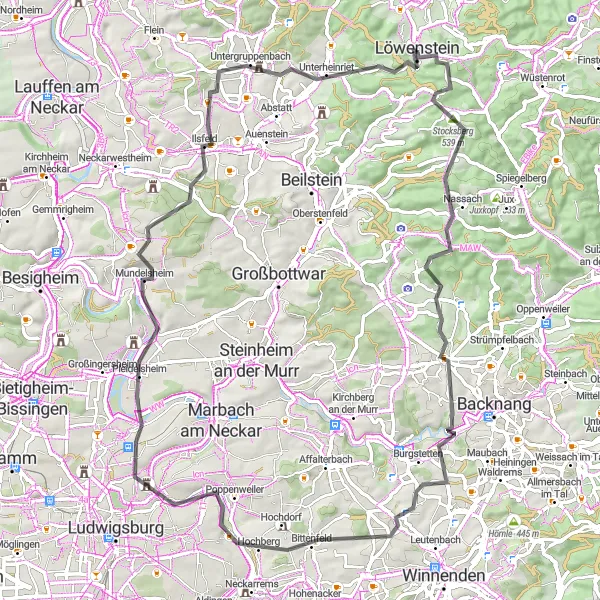 Map miniature of "Lands of Löwenstein" cycling inspiration in Stuttgart, Germany. Generated by Tarmacs.app cycling route planner