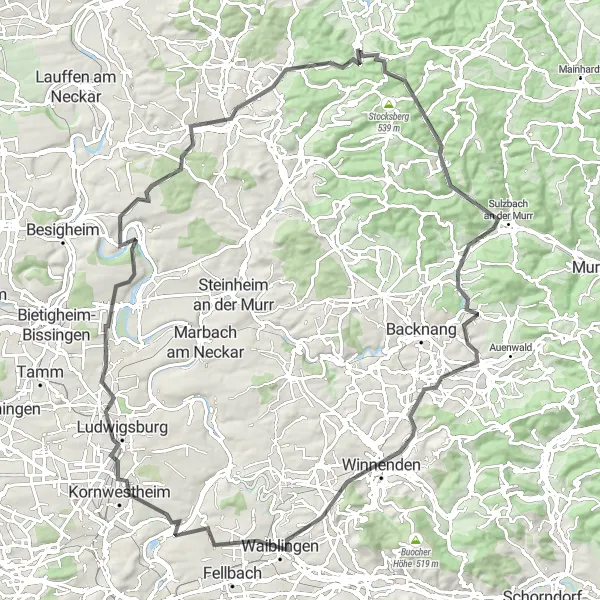 Map miniature of "The Stuttgart Hilly Loop" cycling inspiration in Stuttgart, Germany. Generated by Tarmacs.app cycling route planner