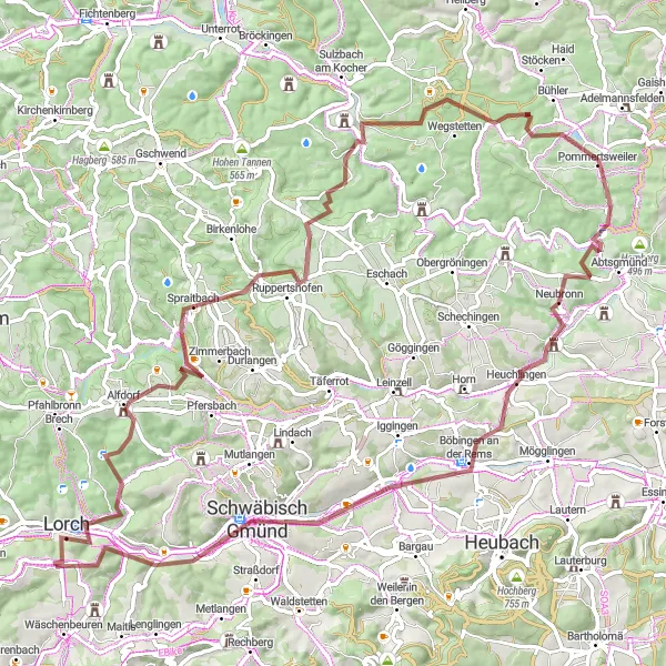 Karten-Miniaturansicht der Radinspiration "Gravel Abenteuer von Lorch nach Unterkirneck" in Stuttgart, Germany. Erstellt vom Tarmacs.app-Routenplaner für Radtouren