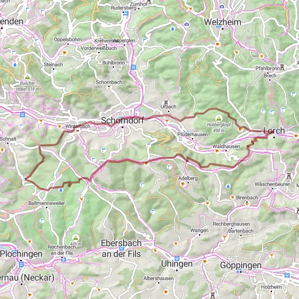 Karten-Miniaturansicht der Radinspiration "Gravel-Rundfahrt von Lorch" in Stuttgart, Germany. Erstellt vom Tarmacs.app-Routenplaner für Radtouren