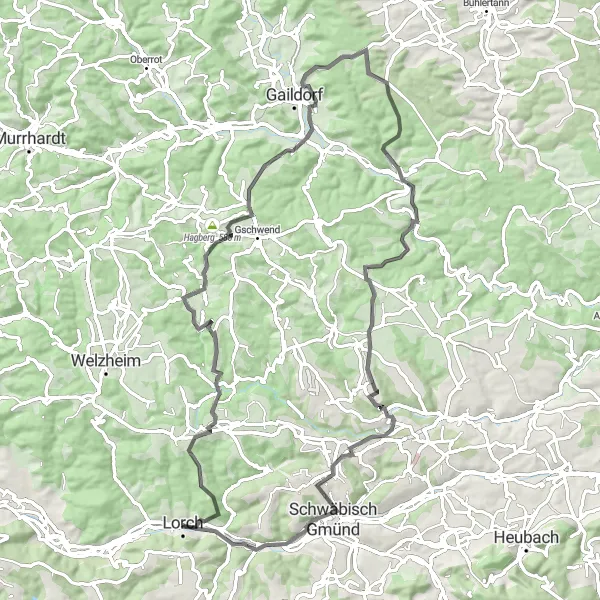 Karten-Miniaturansicht der Radinspiration "Radtour durch Gaildorf" in Stuttgart, Germany. Erstellt vom Tarmacs.app-Routenplaner für Radtouren
