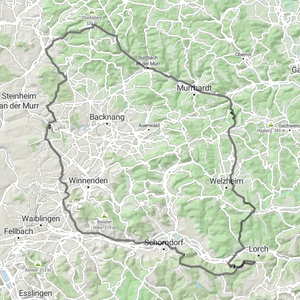 Karten-Miniaturansicht der Radinspiration "Road-Tour um Lorch" in Stuttgart, Germany. Erstellt vom Tarmacs.app-Routenplaner für Radtouren