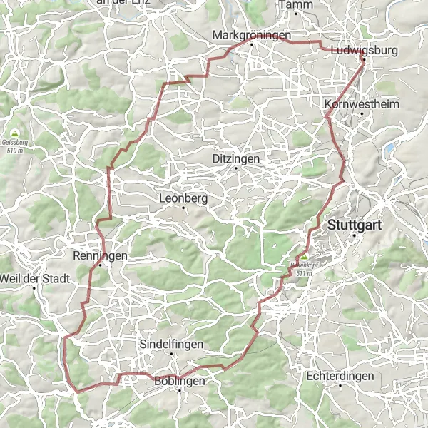 Karten-Miniaturansicht der Radinspiration "Gravelroute Ludwigsburg-Buckel und Kelten" in Stuttgart, Germany. Erstellt vom Tarmacs.app-Routenplaner für Radtouren