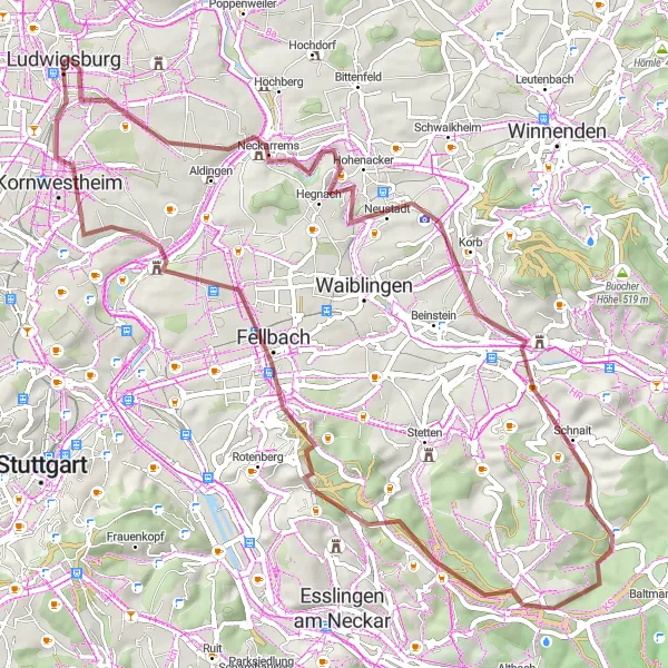 Karten-Miniaturansicht der Radinspiration "Graveltour Ludwigsburg-Schloss und Weinberge" in Stuttgart, Germany. Erstellt vom Tarmacs.app-Routenplaner für Radtouren